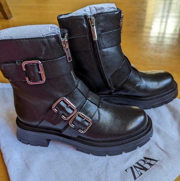Zara Lug sole 100% leather Mid-calf ankle boots booties buckle and zip 36 6 NWT - Picture 5 of 7